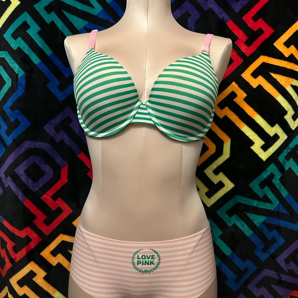 Green and Pink Striped Bra and Panty Set